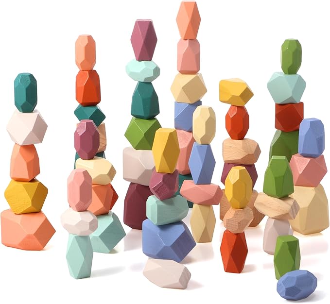 Jenaai 60 Pcs Stacking Rocks Montessori Colorful Wooden Balance Stones Easter Basket Stuffers Blocks Educational Sensory Learning Puzzle(Morandi Color)