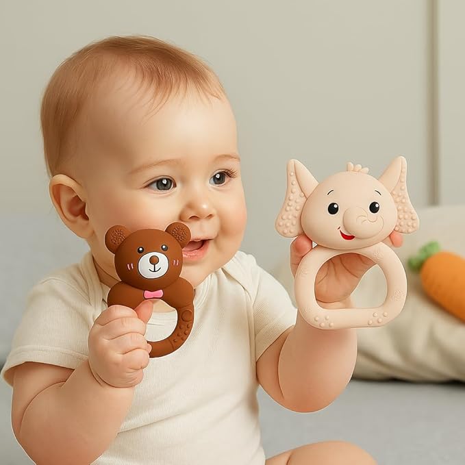 Silicone Baby Teether 2-Pack (Elephant & Deer) – BPA-Free, Soft, Safe, and Easy to Hold for Infants