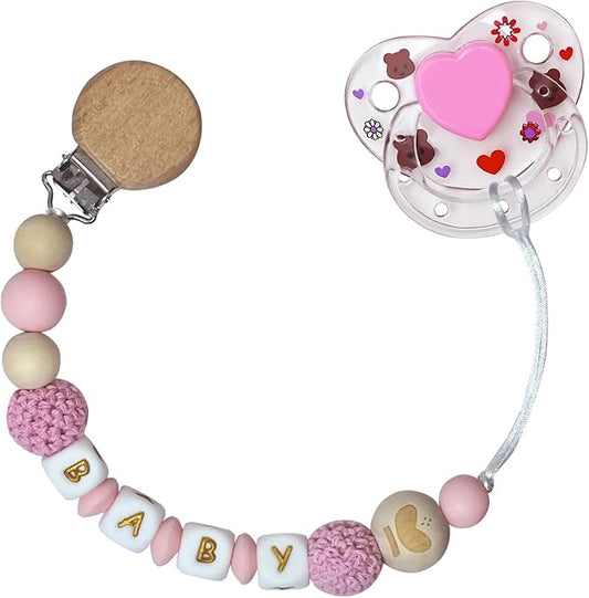 Pink Gold Pacifier Clip with Cute Magnetic Pacifier Reborn Dolls Toy Accessories (Knitted Ball Gold Lettering)