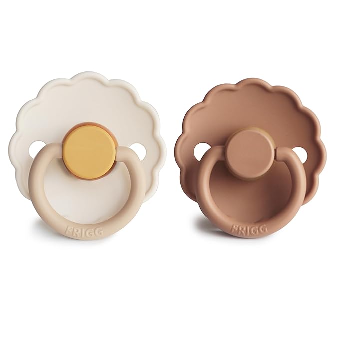 FRIGG Daisy Natural Rubber Baby Pacifier | Made in Denmark | BPA-Free (Chamomile/Peach Bronze, 0-6 Months) 2-Pack