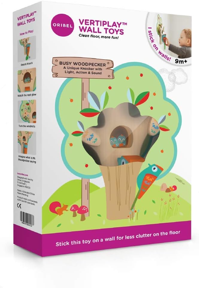 ORIBEL VertiPlay (Wall Toy) Busy Woodpecker, Wooden Toy and Nursery Room Decor | Easy to Install, Just Stick & Play!