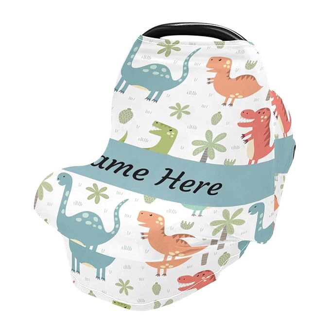 Customized Cartoon Dinosaur Baby Car Seat Covers for Boys, Personalized Carseat Canopy with Name, Nursing Breastfeeding Scarf for Babies, Gift for Infant Newborn, Multiuse Stroller Cover