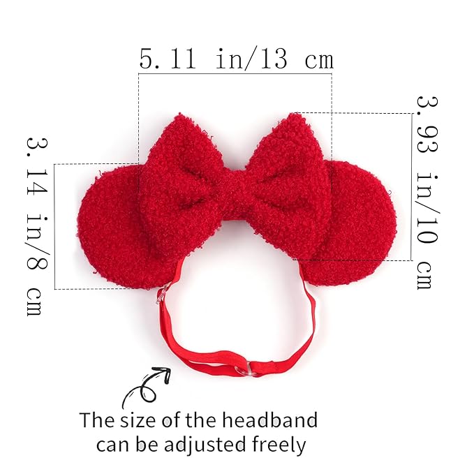 Adjustable Wool Mouse Ears Elastic Headband with Bow, Fluffy Fleece Hair Bow Hairband for Infant Toddlers Baby Girls