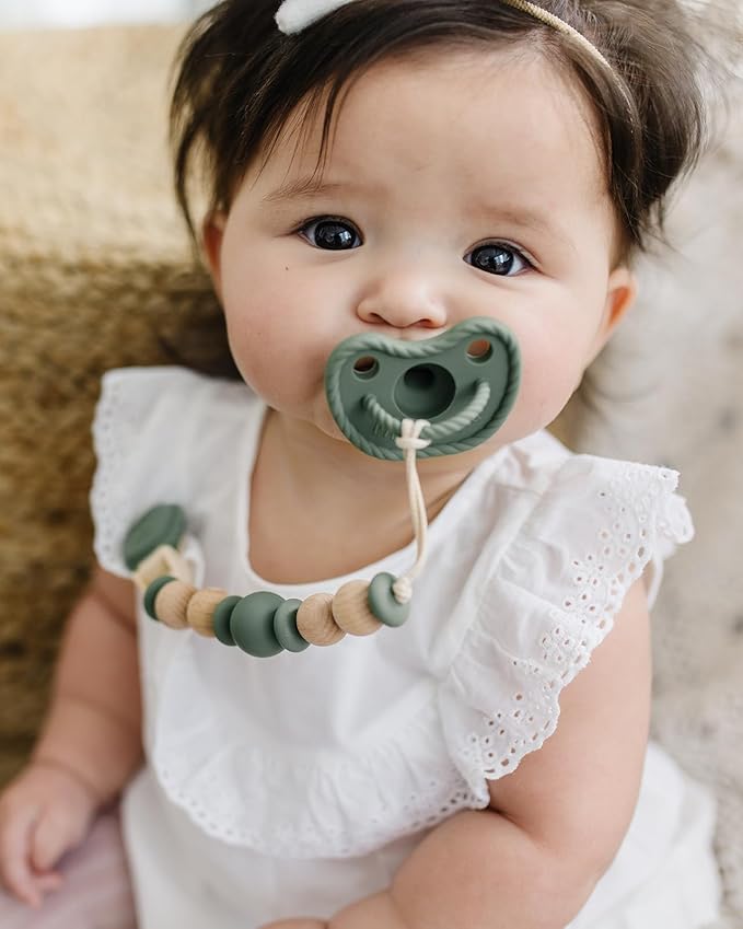 Round Shape Silicone Pacifiers (Set of 2); 0 Months and up; 100% Food-Grade Silicone; Ultra-Light Silicone Binkies Set; 1 Piece Design (Olive/Ocean) - Mila & Lulu