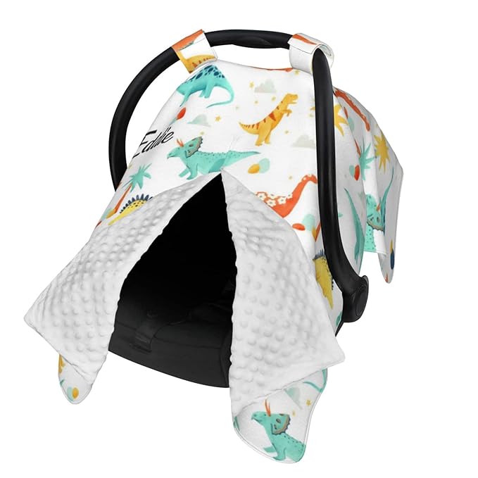 Personalized Dinosaur Theme Baby Infant Car Seats Canopy for Babies with Name, Custom Lightweight Covers for Baby Boys Girls, Minky Nursing Breastfeeding Stroller Cover Canopies for Newborn
