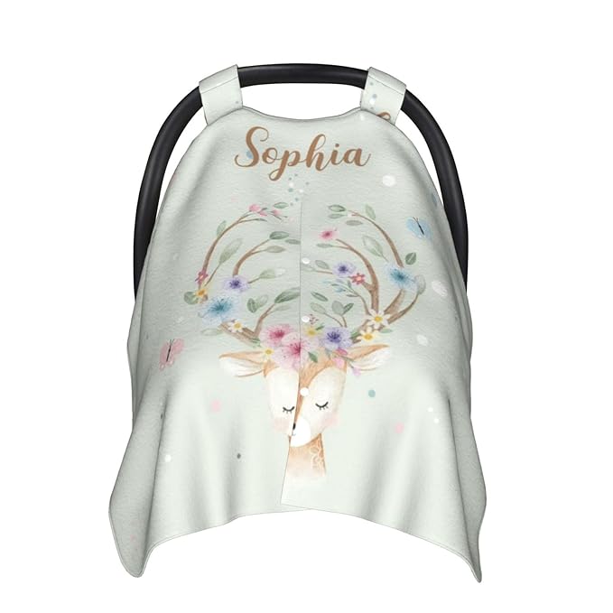 Custom Baby Car Seat Canopy with Name, Personalized Stroller Baby Car Seat Covers for Boys Girls, Minky Nursing Carseat Cover for Breastfeeding, Car Seat Canopies for Infant Newborn(Deer)