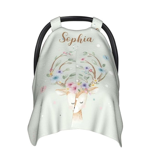 Custom Baby Car Seat Canopy with Name, Personalized Stroller Baby Car Seat Covers for Boys Girls, Minky Nursing Carseat Cover for Breastfeeding, Car Seat Canopies for Infant Newborn(Deer)