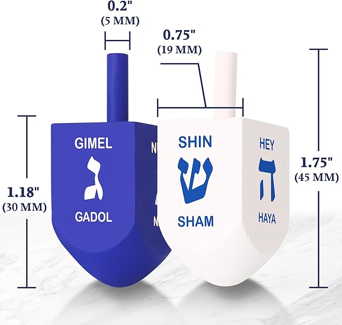 Zion Judaica Blue & White Natural Wood Dreidels with English Translation & Transliteration Bulk Pack Wooden Driedels Spinning Tops with Chanukah Game Card - 30 Pack
