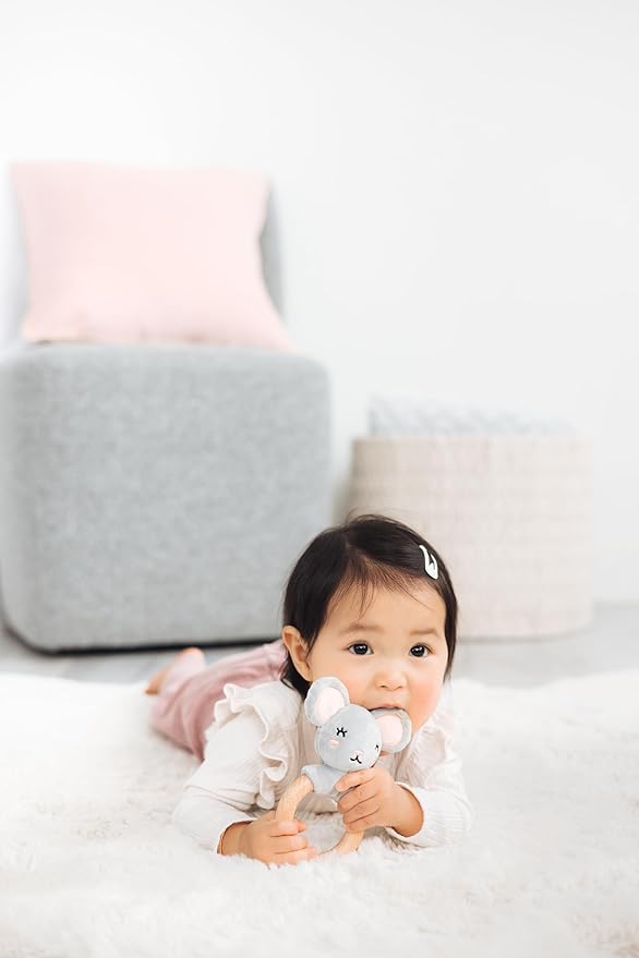 Pearhead Mouse Wooden Baby Teether – Soft Plush Lovey with Natural Wood Rattle Ring, BPA-Free, Soothes Infant Gums, Multi-Sensory Newborn Essential for Boys and Girls, 0+ Months