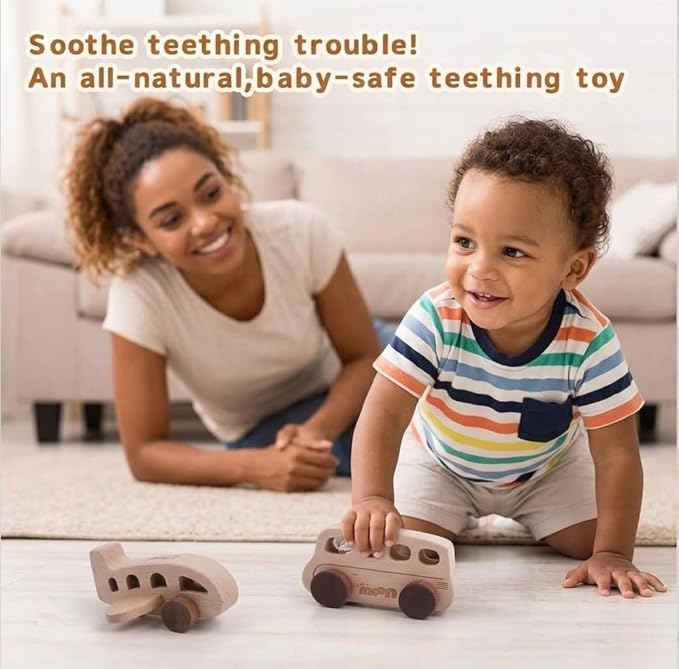 Wooden Toys for 1 Year Old – Montessori Baby Toy Set with Bus, Airplane & Boat – Minimalist Nursery Decor & Teething Safe Infant Toys for Boys and Girls – 3 Piece Ergo-Fit Set