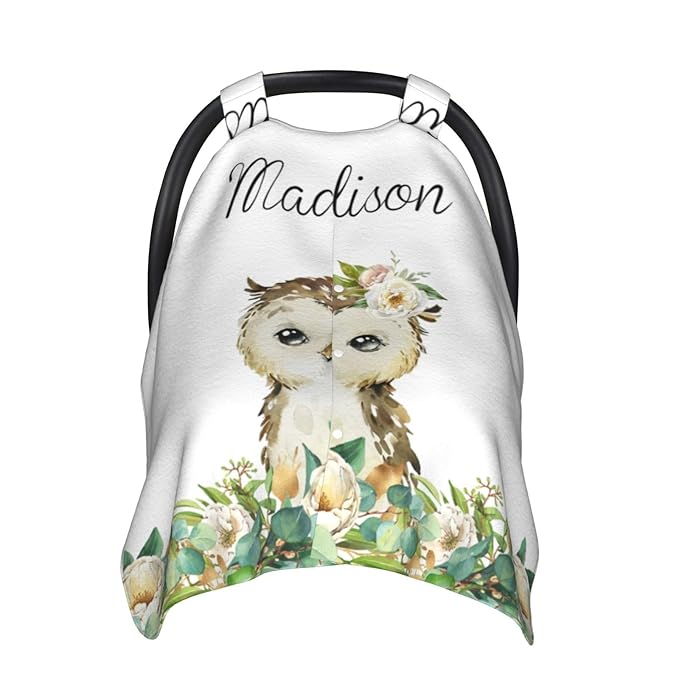 Custom Baby Car Seat Canopy with Name, Personalized Stroller Baby Car Seat Covers for Boys Girls, Minky Nursing Carseat Cover for Breastfeeding, Car Seat Canopies for Infant Newborn(Owl)