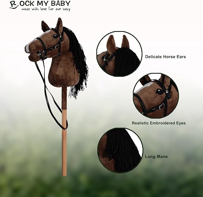 ROCK MY BABY Hobby Horse with a Detachable Bridle Plush Stuffed Stick Horse with Award Ribbon for Kids 3+ Years Old (Dark Brown)