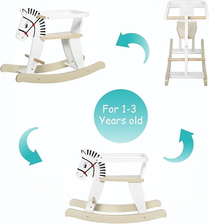 Qaba Wooden Rocking Horse Toddler Baby Ride-on Toys for Kids 1-3 Years with Classic Design & Wood Safety Bar, White