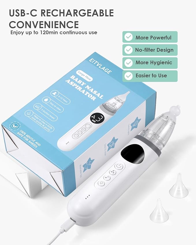 Nasal Aspirator for Baby, Electric Nose Aspirator for Toddler, Baby Nose Sucker, Automatic Nose Cleaner with 3 Silicone Tips, Adjustable Suctions, Music and Light Soothing Function