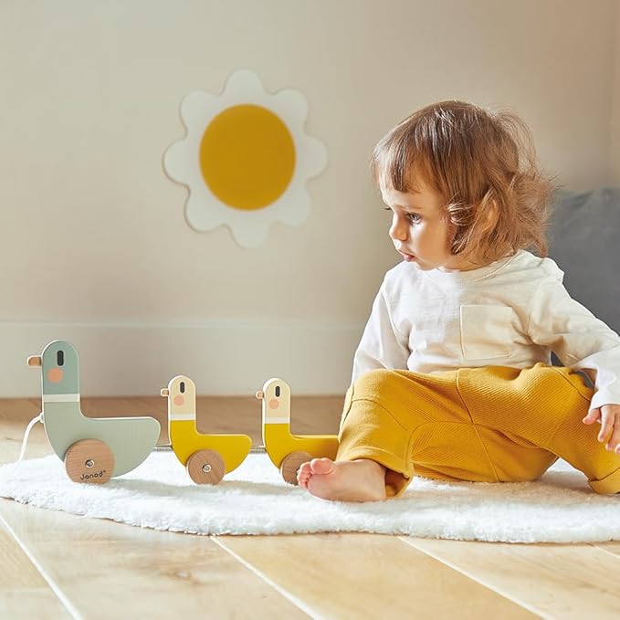 Janod - J04051 - 3 Sweet Cocoon Pulling Ducks - Develops Motor Skills - FSC Wood Toy and Water Paint - From 12 Months, Green/Yellow