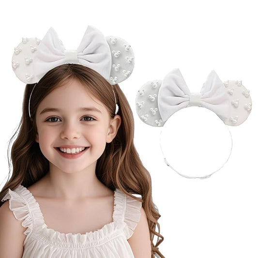 JIAHANG White Velvet Adjustable Mouse Ear Hair Bow Headband with Beadings, Fashion Bow Hairband Stand for Baby Girls Infant Toddlers