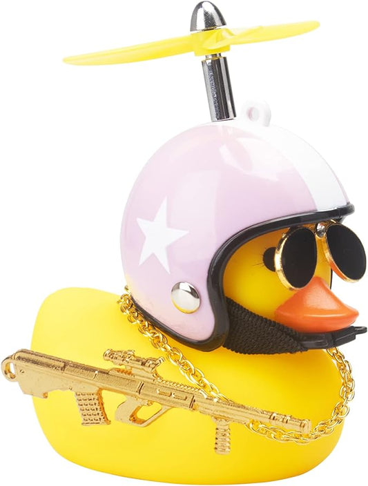 wonuu Rubber Duck Car Ornaments Cool Yellow Duck Car Dashboard Decorations Squeaky Glasses Duck with Propeller Helmet for Car ccessories Dashboard (Y-White&Pink-Yellow G)