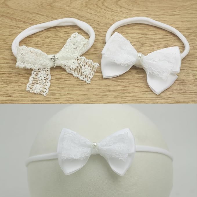 Newborn Girl Small White Lace Bow Baby girl Baptism Headband with Cross