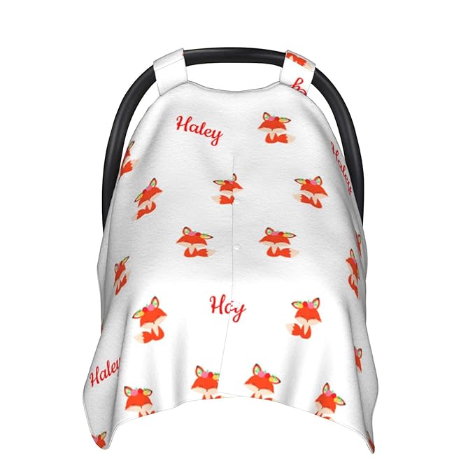 Personalized Red Little Cute Fox Baby Infant Car Seats Canopy for Babies with Name, Custom Lightweight Covers for Baby Boys Girls, Minky Nursing Breastfeeding Stroller Canopies for Newborn