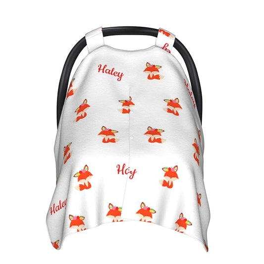Personalized Red Little Cute Fox Baby Infant Car Seats Canopy for Babies with Name, Custom Lightweight Covers for Baby Boys Girls, Minky Nursing Breastfeeding Stroller Canopies for Newborn