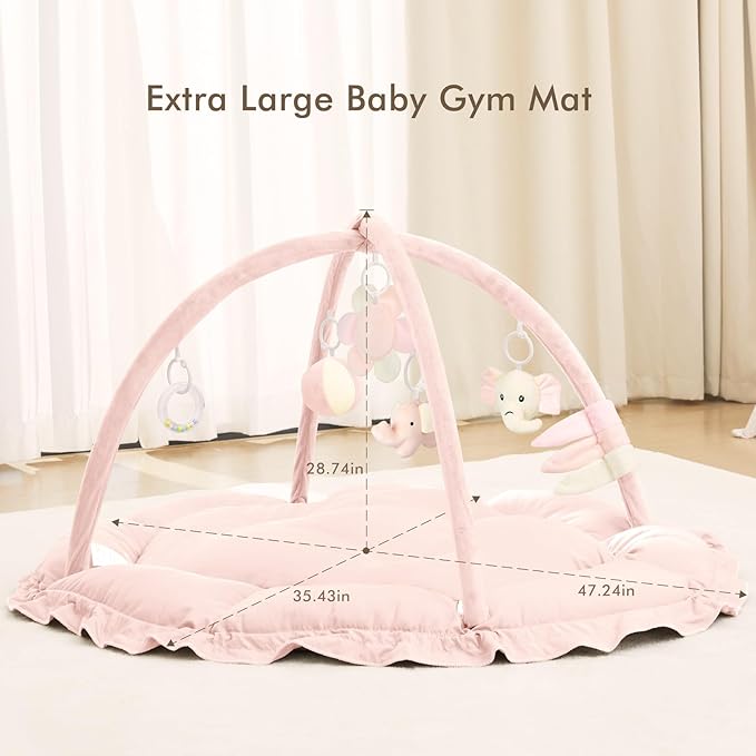 ANGELBLISS 5 in 1 Baby Play Gym Mat, Reversible Tummy Time Mat with 5 Sensory Toys for Stage-Based Developmental, Thick & Large Baby Activity Center from Newborn to Toddler (Pink)