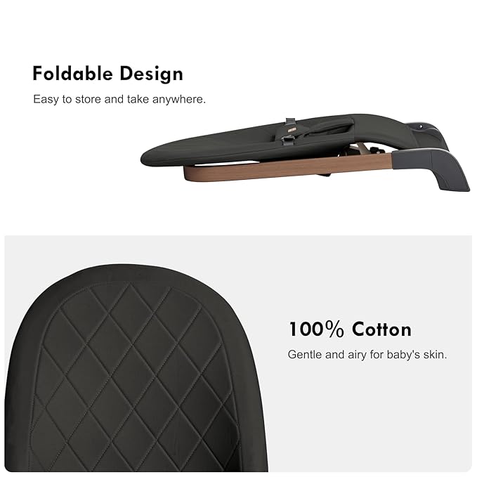 Foldable Baby Bouncer, Baby Seat with 3 Adjustable Heights, Portable Newborn Rocker, Ergonomic Bouncy Seat for Natural Bounce, Bouncer for Babies 0-6 Months, Soft Cotton (Charcoal Gray)