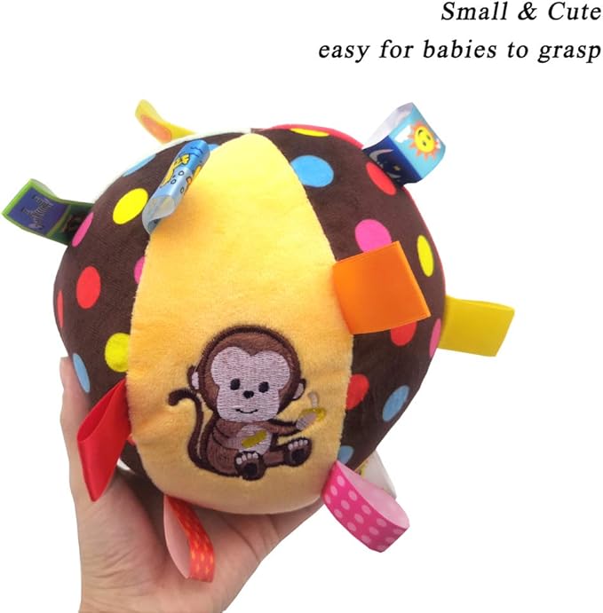 Baby Taggie Ball, Colorful Rattle Ball with Tags, Soft Plush Stuffed Animal Multi Sensory Toy for Early Educational, Ribbon Tag Toy for Baby Kids Toddlers Infants
