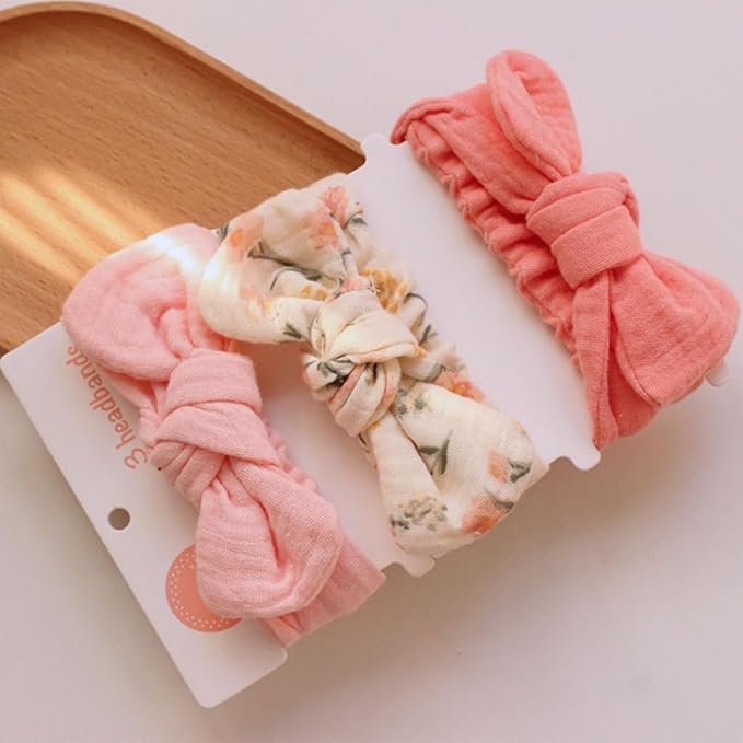 Baby Girl Muslin Cotton Hair Bow Headband, Top Knotted Floral and Solid Headwrap for Newborns, Infants, Toddlers (CJpinkset)