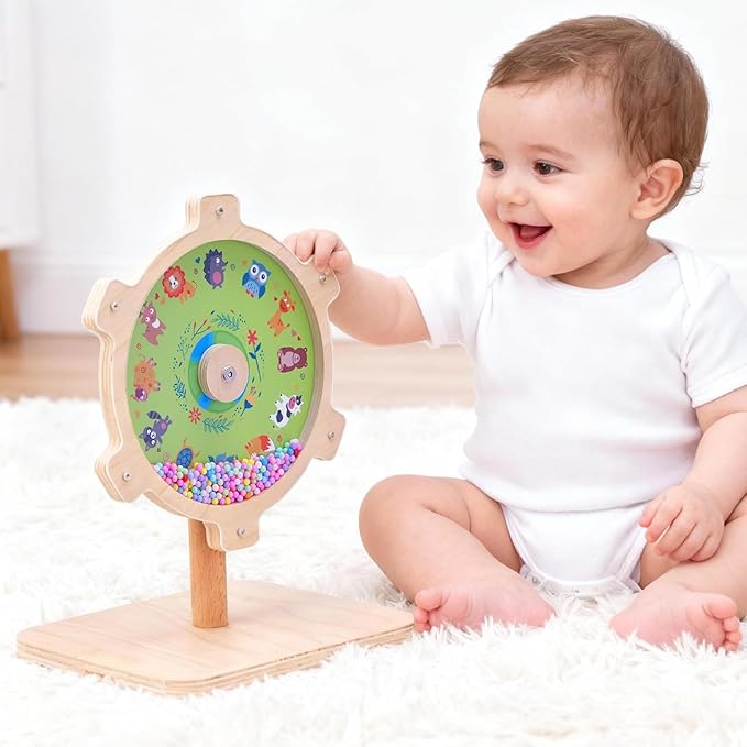 Spinning Activity Drum Toy with Sound, Montessori Wooden Sensory Toy for Babies, Perfect Birthday & Party Gift for 6-18 Months+