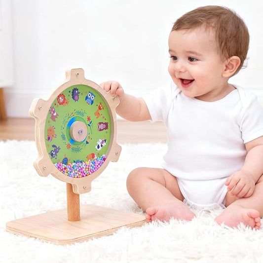 Spinning Activity Drum Toy with Sound, Montessori Wooden Sensory Toy for Babies, Perfect Birthday & Party Gift for 6-18 Months+