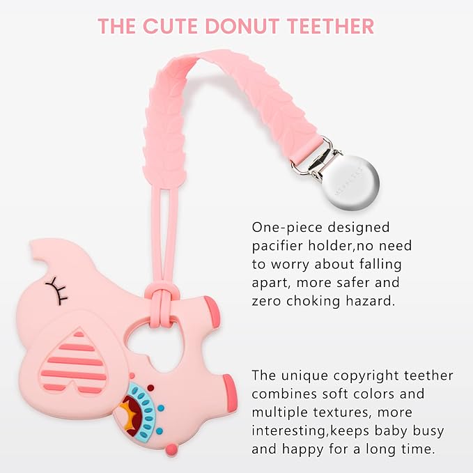 MISSLILI Teething Toys for Babies 0-6 6-12 Months Baby Teethers with Clip Silicone Baby Teether Toys for Boys and Girls Infant Teething Relief for Teething Elephant Shape, Pink
