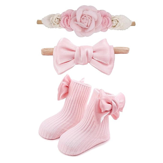 cherrboll Baby Girl Headbands and Socks Set, 3Pcs Soft Floral Hairbands Hair Bows Knit Socks for Newborn Infants Toddlers Photography Props Gifts