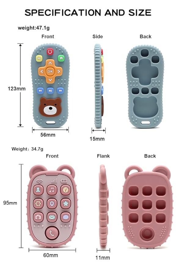 HippoBaby 2-Pack Silicone Teethers – Remote Control & Phone Teething Toys with Popper Buttons, BPA-Free, CPC Certified Baby Essentials for Infants & Toddlers (Remote/Phone - Light Pink/Deep Pink)
