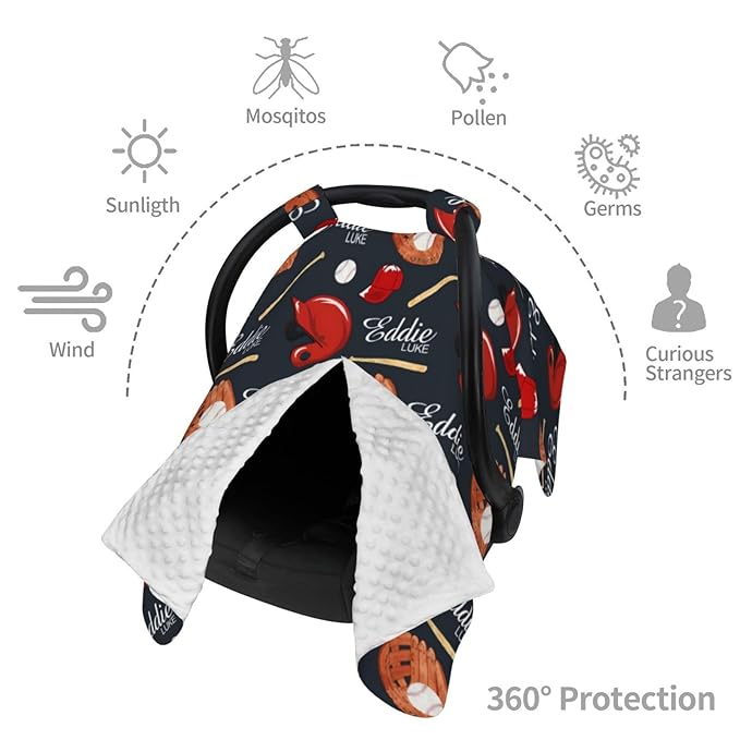 Personalized Baby Car Seat Canopy for Babies, Custom Name Baby Car Seats Covers for Boys, Opening Minky Nursing Breastfeeding Cover for Infant, Carseat Canopies for Newborn (Baseball Theme)