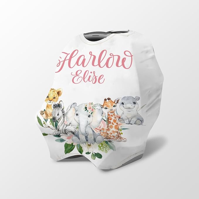 Personalized Baby Car Seat Cover Stroller Canopy: Custom Name Newborn Baby Girl Elastic Safari Animals Nursing Cover for Moms First Birthday Gift Pink(one Size)