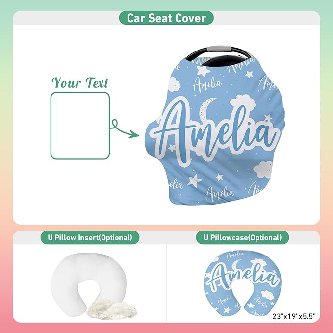 Custom Car Seat Covers for Babies - Breathable Baby Car Seat Cover for Girls Boys, Kick-Proof Newborn Carrier Light Blue Star Canopy Stretchy Stroller Cover for 4 Seasons