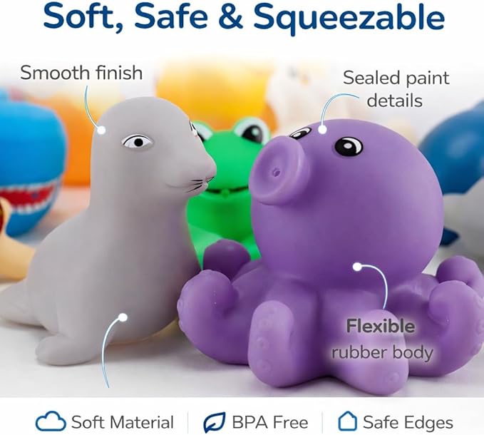 15 PCS Ocean Animals Rubber Bath Toy Water Squirters with Floating Bathtub Squeeze and Play Soft Sea Creatures anf Fishing Net for Baby, Toddlers and Kids