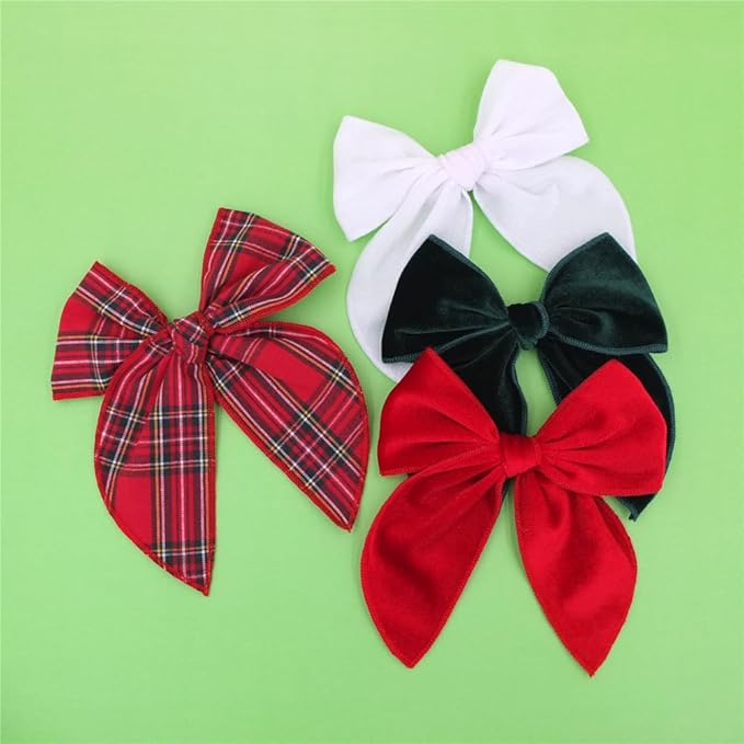 Velvet Plaid Bow Hair Clips and Accessories for Little Girls and Baby Moms - Red Green White Christmas Fable (4 Pack)