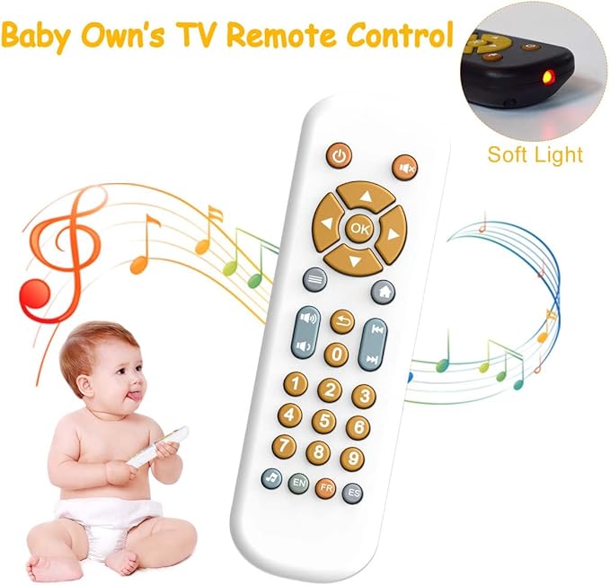 Baby TV Remote Control Toy with Soft Silicone Cute Carb Cover, Musical Realistic Play Remote Toy with Light and Sound, 3 Language Educational Learning Toy for 6M+ Boy and Girls(Yellow)