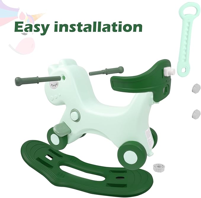 4 in 1 Rocking Horse for Toddlers 1-3 Years Old, Baby Rocking Toy Fun Birthday Gift for 1+ Kids, Ride on Toy with Detachable Balance Board and Footrest，Balance Bike with Push Handle(Green)