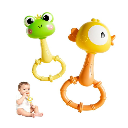 2 Pack Baby Rattles 0-12 Months, Montessori Sensory Teething Toys, Fully Boilable Silicone Maracas Shaker, Fine Motor Skills, Frog & Chick Newborn Gift