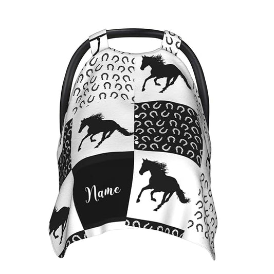 Personalized Running Horses Baby Car Seat Canopy for Babies with Name, Custom Horseshoes Car Seat Covers for Boys Girls, Peekaboo Opening Minky Nursing Cover Infant Car Seat Canopies for Newborn