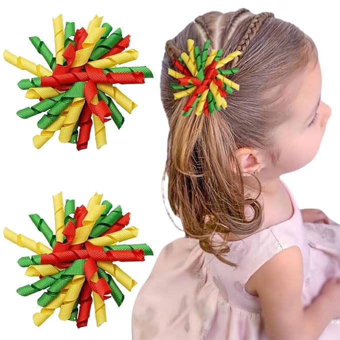 Yxiang 2PCS Korker Bows for Girls 3'' Curly Bow Hair Clip Ribbon Ponytail Bows Alligator Clip Hair Barrette for Girls Toddlers Kids (Red Green Yellow)