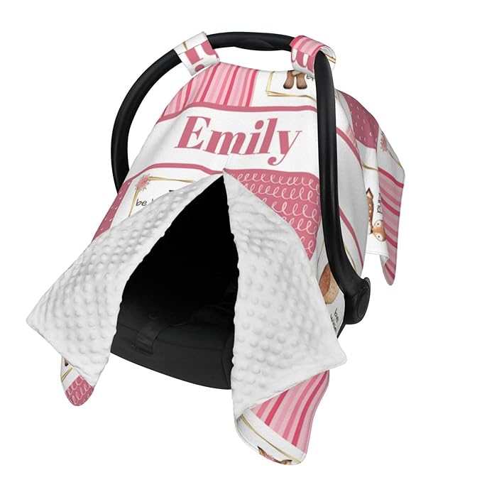 Personalized Baby Car Seat Canopy for Babies with Name, Custom Car Seat Covers for Girls, Animals Pink Nursing Breastfeeding Stroller Cover Infant Carseat Canopies for Newborn