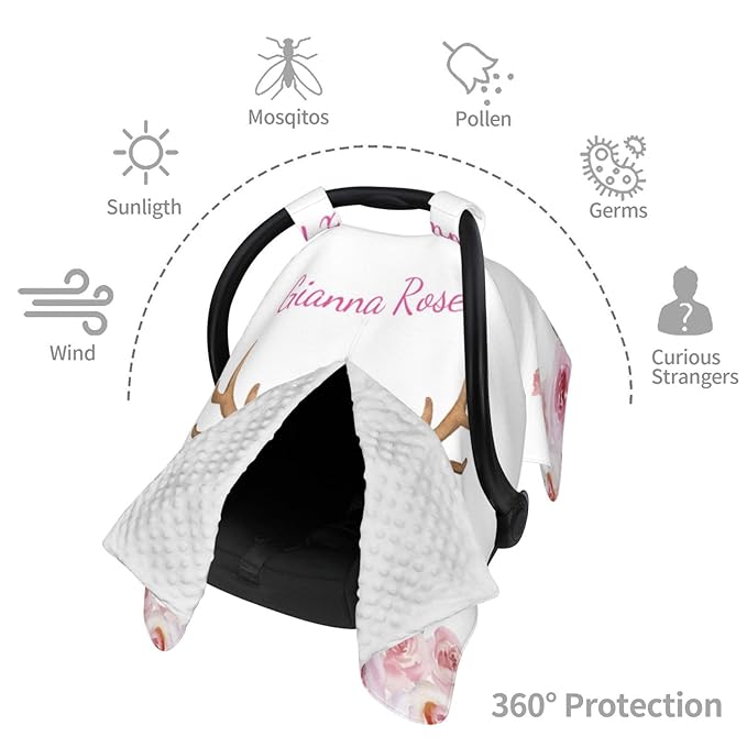 Personalized Baby Car Seat Canopy with Name – Custom Floral Antler Minky Nursing Cover for Girls, Soft Stroller Cover for Infants & Newborns, Carseat Canopy for Breastfeeding