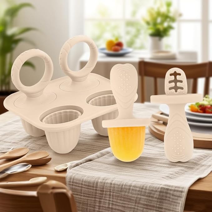 Silicone Popsicle Molds, Mini Breastmilk Popsicle Molds with Sticks, Frozen Breast Milk Teether Popsicle Maker Ice Pop Molds for Infant Feeding Spoon (1Set-Beige)