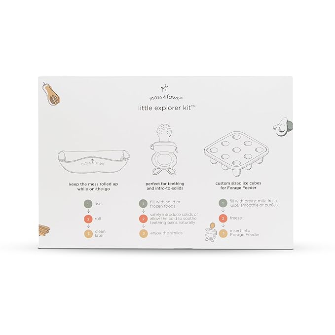 Moss and Fawn Little Explorer Kit - Silicone Frozen Breast Milk Popsicle Kit with Forage Feeder, Teething Popsicle Ice Cube Tray, & Gather & Roll Baby Feeding Bib - BPA, PVC, & Lead-Free - Ecru