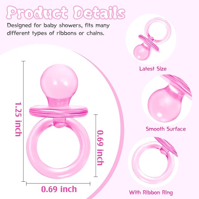 50 Pcs Mini Pacifiers Baby Shower Games Girl, 1.25 Inch Cute Baby Shower Pacifiers, Bulk Acrylic Pacifier for Party Table Scatter, Pacifier Hunt Game, Gender Reveal Decoration Party Favors(Pink)