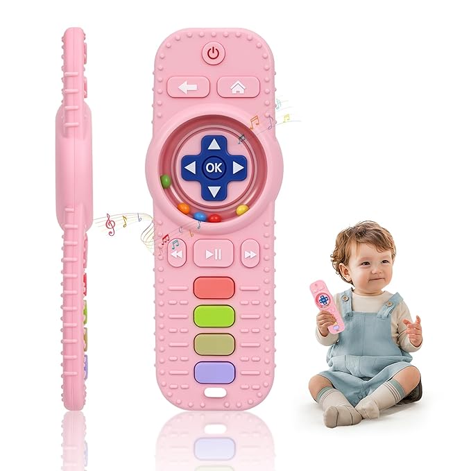 MISSLILI Teething Toy for Babies 3-6-12 Months, Silicone Baby Rattles Teether, Teething Relief Infant Toddles TV Remote Control Teether for 0-24 Months, Pink