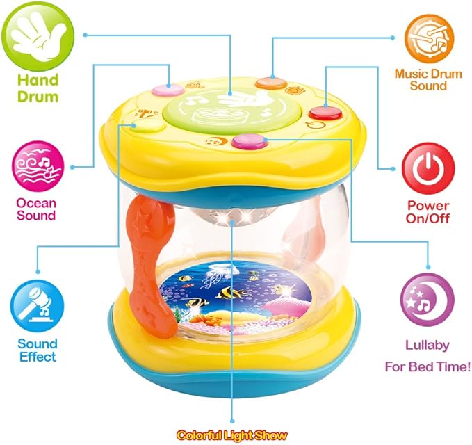 WEofferwhatYOUwant Baby Musical Instrument Set – 3 Piece Trumpet Drum Harp Bundle with Lights Songs Lullabies Interactive Play Modes Batteries Included BPA-Free Travel Ready Musical Gift for Toddlers